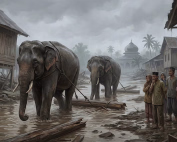 Empat gajah Sumatra menarik gelondongan kayu di tengah desa Pidie Jaya yang masih tergenang lumpur pascabanjir di Aceh.