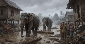 Empat gajah Sumatra menarik gelondongan kayu di tengah desa Pidie Jaya yang masih tergenang lumpur pascabanjir di Aceh.